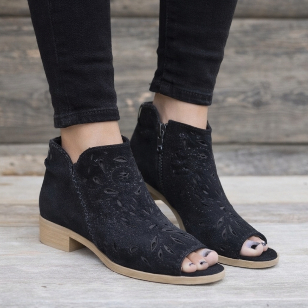 Coolway Jasper Western Boho Artisan Black Suede Open Toe Comfort Bootie 8M